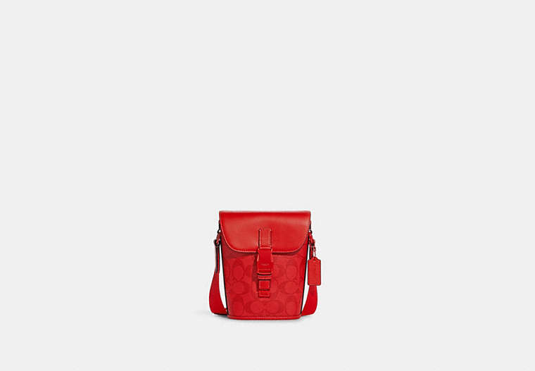 COACH®,TRACK SMALL FLAP CROSSBODY IN SIGNATURE CANVAS,Small,Gunmetal/Miami Red,Front View