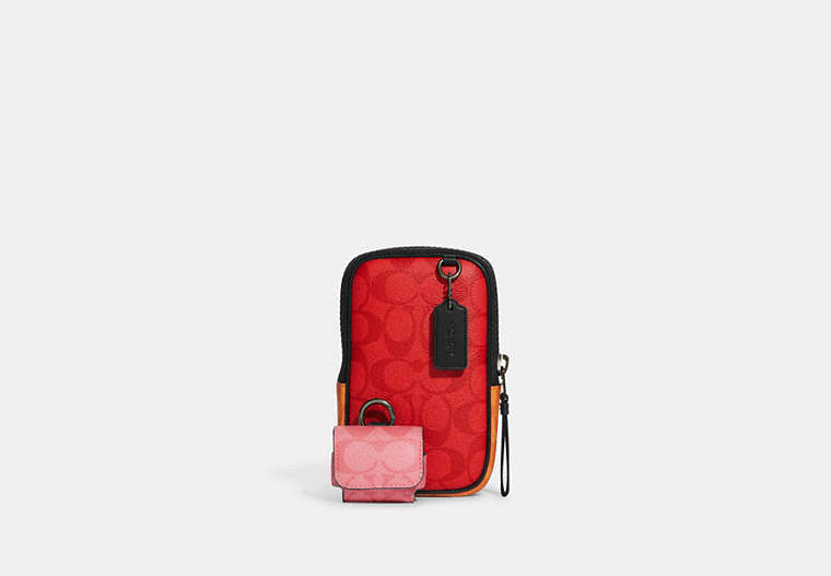 COACH®,MULTIFUNCTION PHONE PACK IN BLOCKED SIGNATURE CANVAS,Mini,Gunmetal/Miami Red Multi,Front View