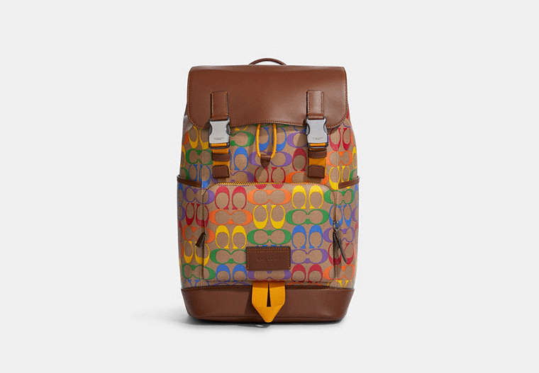 COACH®,TRACK BACKPACK IN RAINBOW SIGNATURE CANVAS,canvas,X-Large,Gunmetal/Khaki Multi,Front View