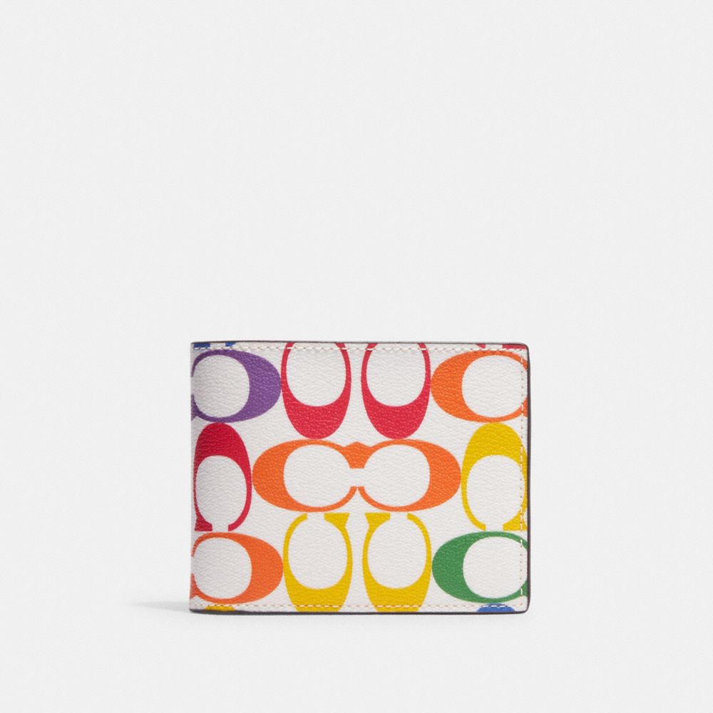 COACH®,3-IN-1 WALLET IN RAINBOW SIGNATURE CANVAS,Mini,Gunmetal/Chalk Multi,Front View