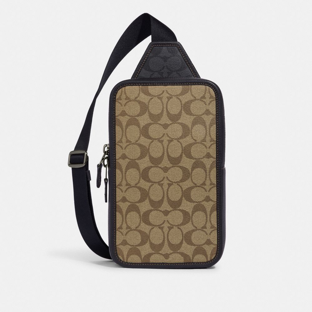 COACH®,SULLIVAN PACK IN BLOCKED SIGNATURE CANVAS,Signature Canvas,Medium,Gunmetal/Khaki/Charcoal,Front View