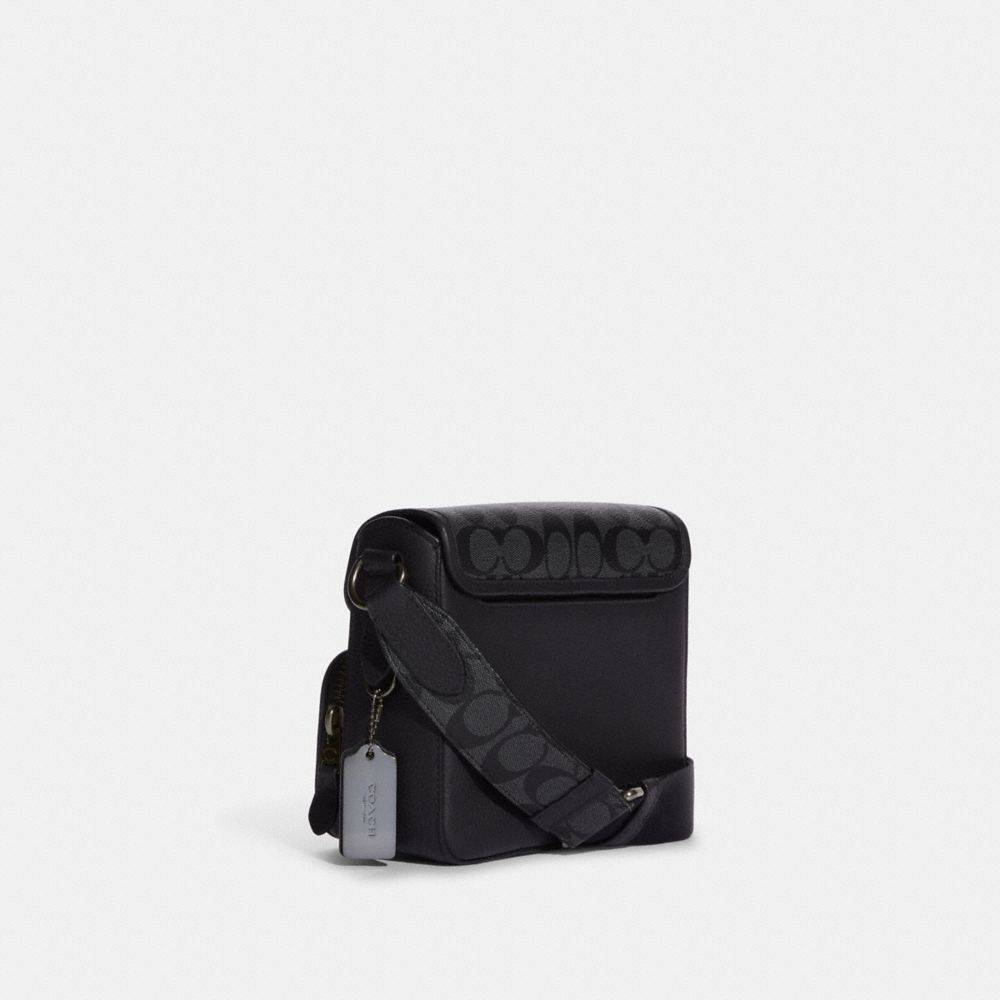 COACH®,SULLIVAN FLAP CROSSBODY BAG IN SIGNATURE CANVAS,Pebbled Leather,Medium,Gunmetal/Black/Charcoal,Angle View