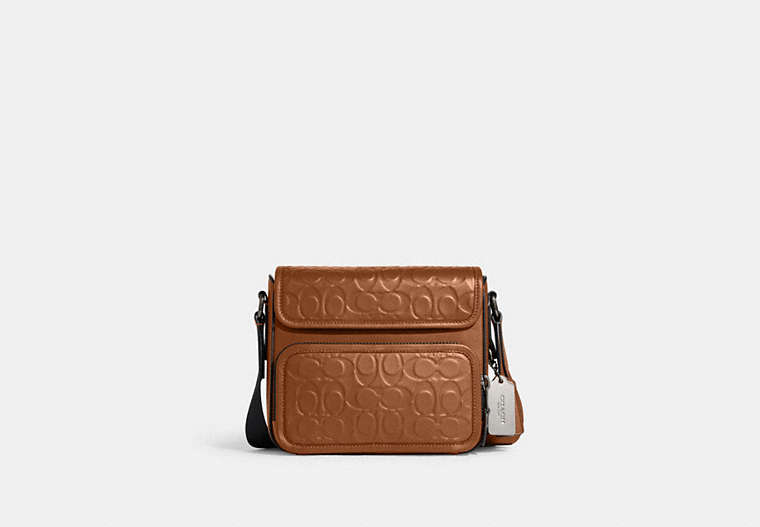COACH®,SULLIVAN FLAP CROSSBODY BAG IN SIGNATURE LEATHER,Smooth Calf Leather,Medium,Gunmetal/Penny,Front View