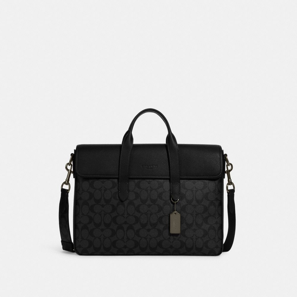 COACH®,SULLIVAN PORTFOLIO BRIEF IN SIGNATURE CANVAS,Signature Canvas,Large,Office,Gunmetal/Charcoal/Black,Front View