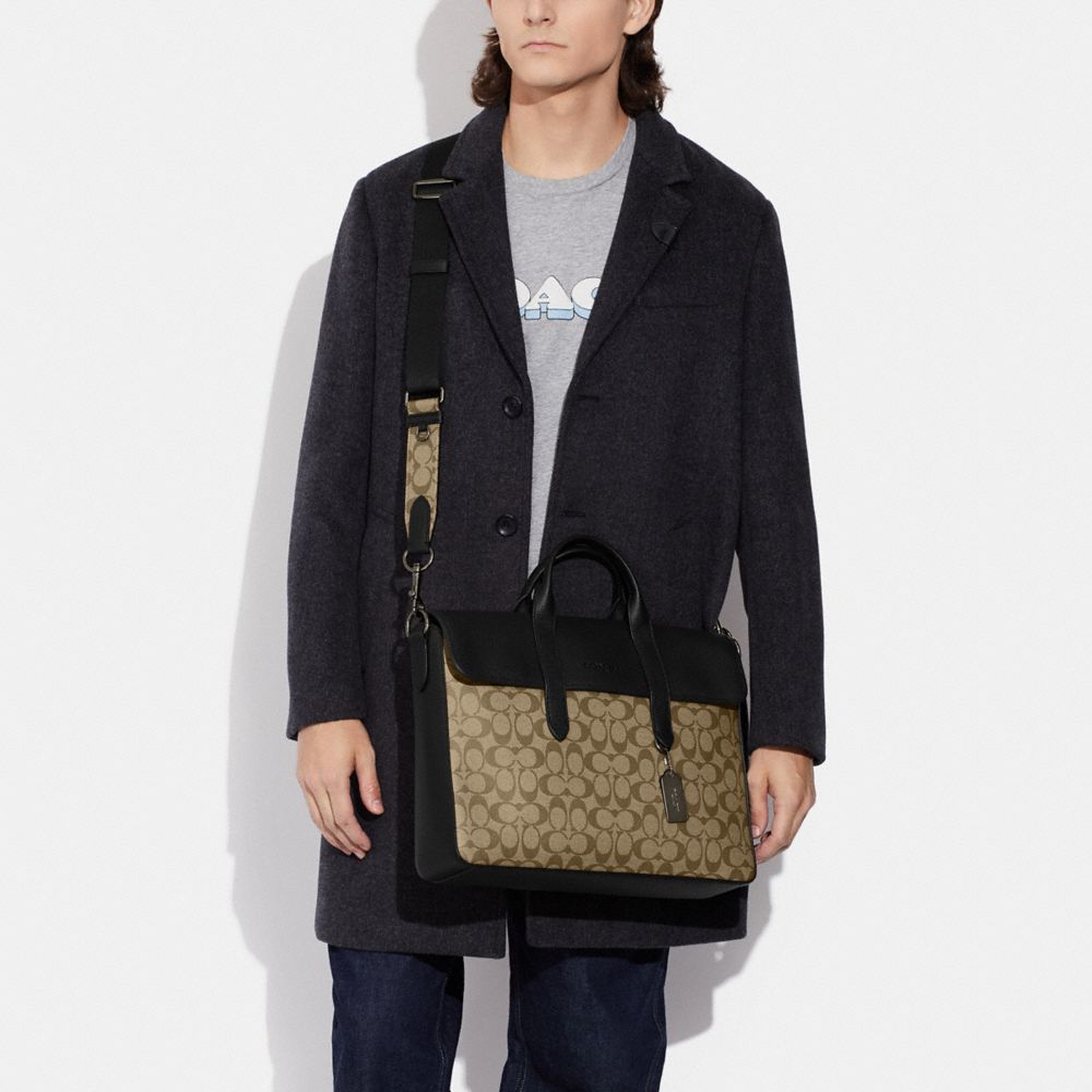 COACH®,Sullivan Portfolio Brief In Signature Canvas,Canvas,Leather,Briefcase,PVC,Color Block,Logo,Gunmetal,Work,Multi Color,Detail View