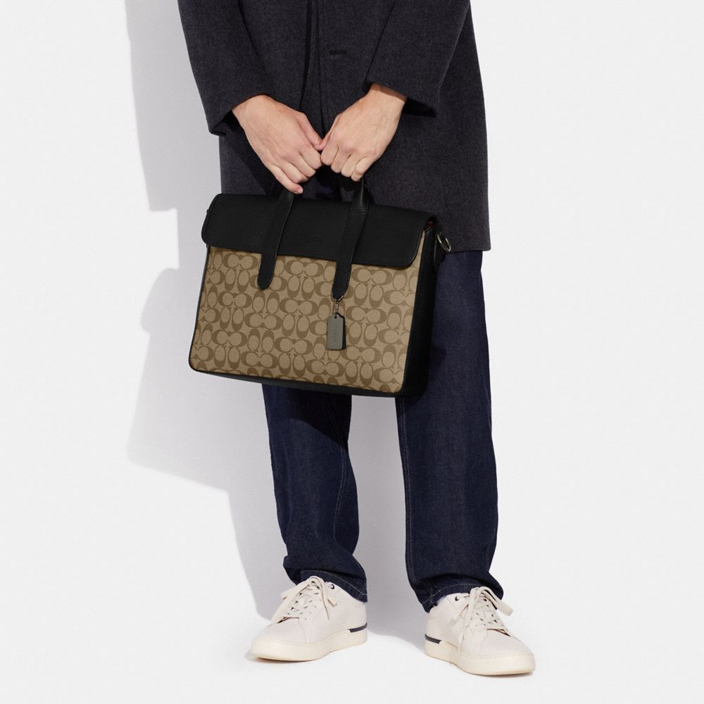 COACH®,Sullivan Portfolio Brief In Signature Canvas,Canvas,Leather,Briefcase,PVC,Color Block,Logo,Gunmetal,Work,Multi Color,Detail View