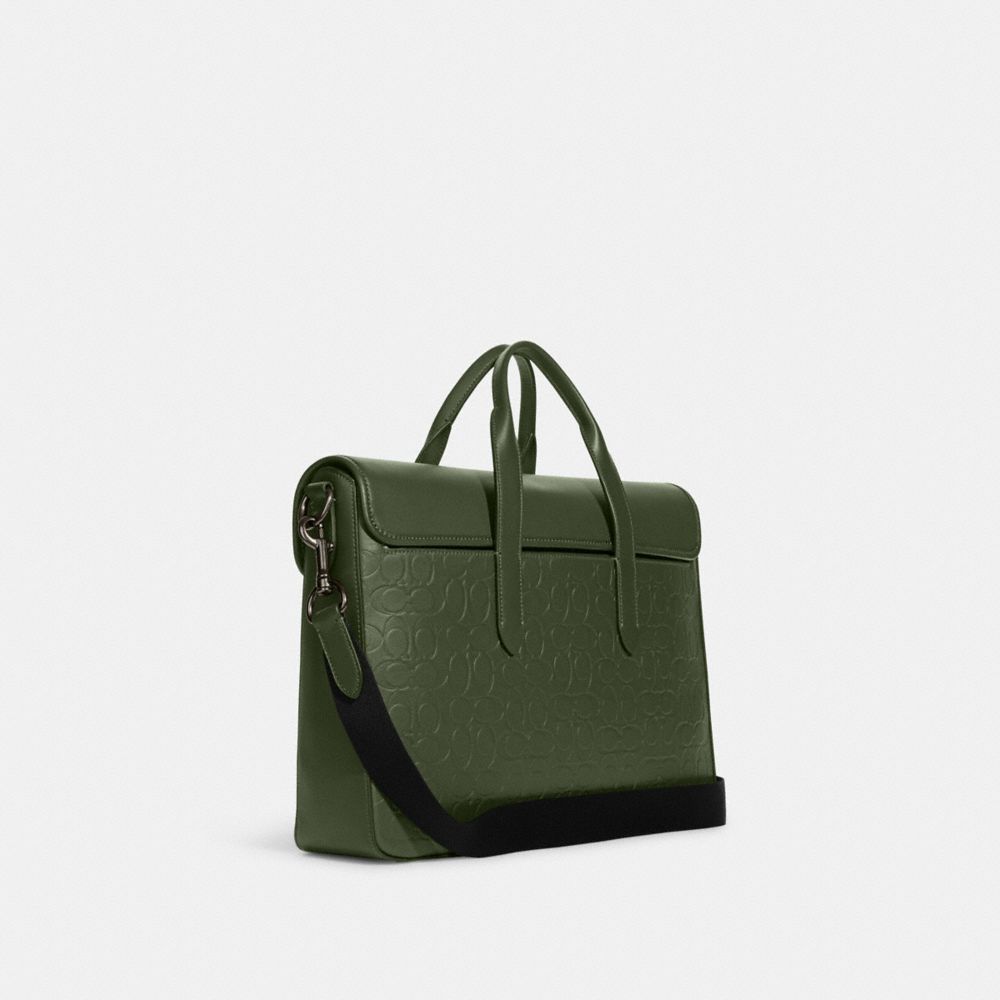 COACH®,SULLIVAN PORTFOLIO BRIEF IN SIGNATURE LEATHER,Large,Gunmetal/Dark Shamrock,Angle View