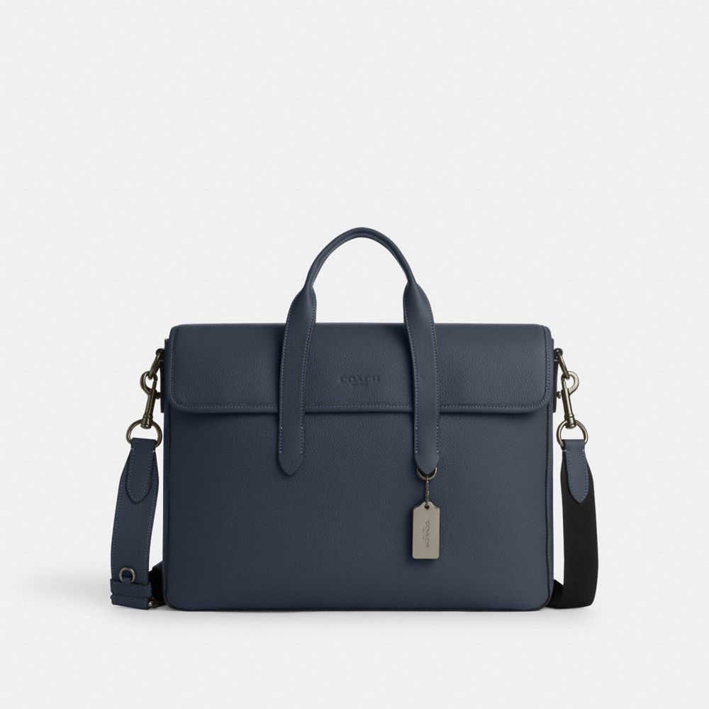 COACH®,SULLIVAN PORTFOLIO BRIEF,Pebbled Leather,Large,Office,Gunmetal/Denim,Front View