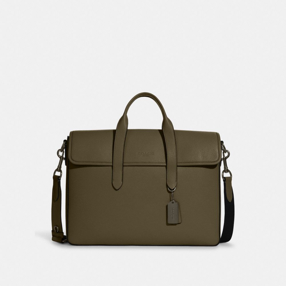 COACH®,SULLIVAN PORTFOLIO BRIEF,Pebble Leather,Large,Office,Gunmetal/Utility Green,Front View