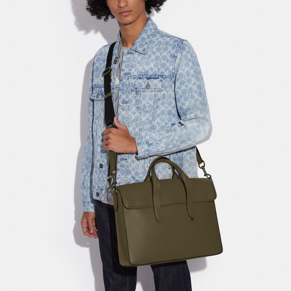COACH®,Sullivan Portfolio Brief,Leather,Briefcase,Gunmetal,Work,Olive,Detail View