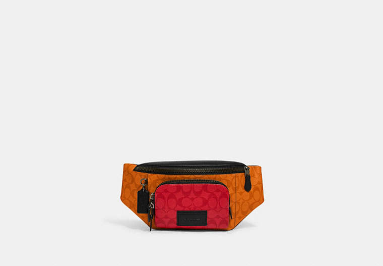 COACH®,TRACK BELT BAG IN BLOCKED SIGNATURE CANVAS,Medium,Gunmetal/Light Orange Multi,Front View