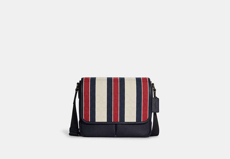COACH®,THOMPSON SMALL MAP BAG IN SIGNATURE JACQUARD WITH STRIPES,Medium,Gunmetal/Midnight/Red Multi,Front View