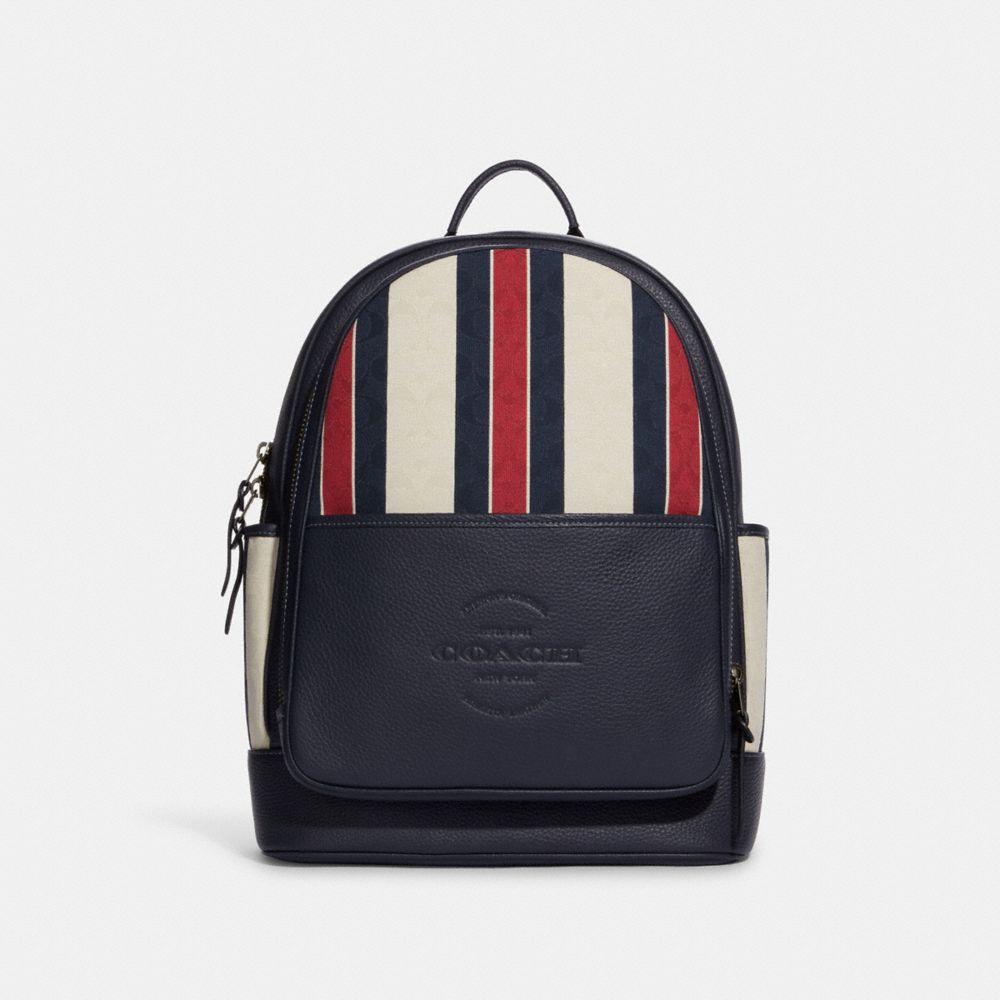 COACH®,THOMPSON BACKPACK IN SIGNATURE JACQUARD WITH STRIPES,Large,Gunmetal/Midnight/Red Multi,Front View