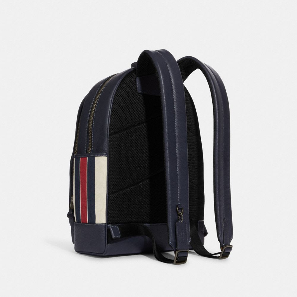 COACH®,THOMPSON BACKPACK IN SIGNATURE JACQUARD WITH STRIPES,Large,Gunmetal/Midnight/Red Multi,Angle View