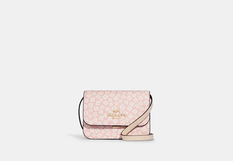 COACH®,MINI BRYNN CROSSBODY WITH GRAPHIC DITSY FLORAL PRINT,Small,Gold/Pink Multi,Front View