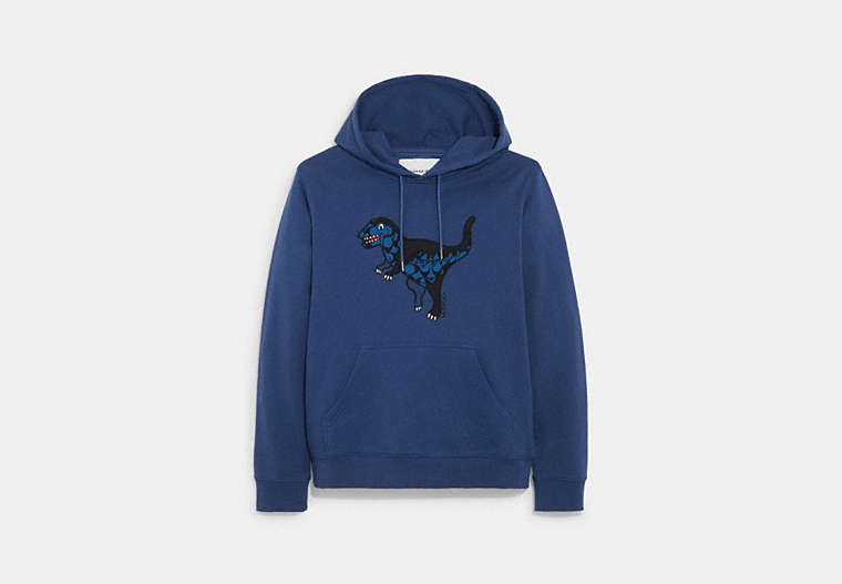 COACH®,PATCHWORK REXY HOODIE IN ORGANIC COTTON,cotton,Deep Blue,Front View