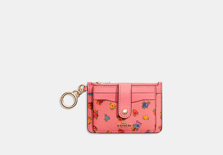 COACH®,ATTACHMENT CARD CASE WITH MINI VINTAGE ROSE PRINT,Gold/Pink Lemonade Multi,Front View