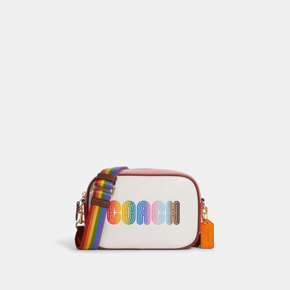 COACH®,MINI JAMIE CAMERA BAG WITH RAINBOW COACH,Novelty Leather,Gold/Chalk Multi,Front View