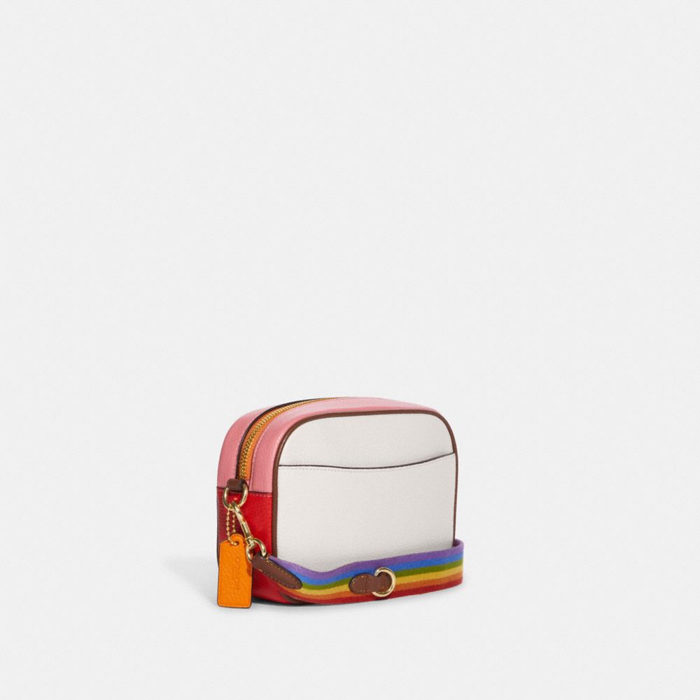 COACH®,MINI JAMIE CAMERA BAG WITH RAINBOW COACH,Novelty Leather,Gold/Chalk Multi,Angle View