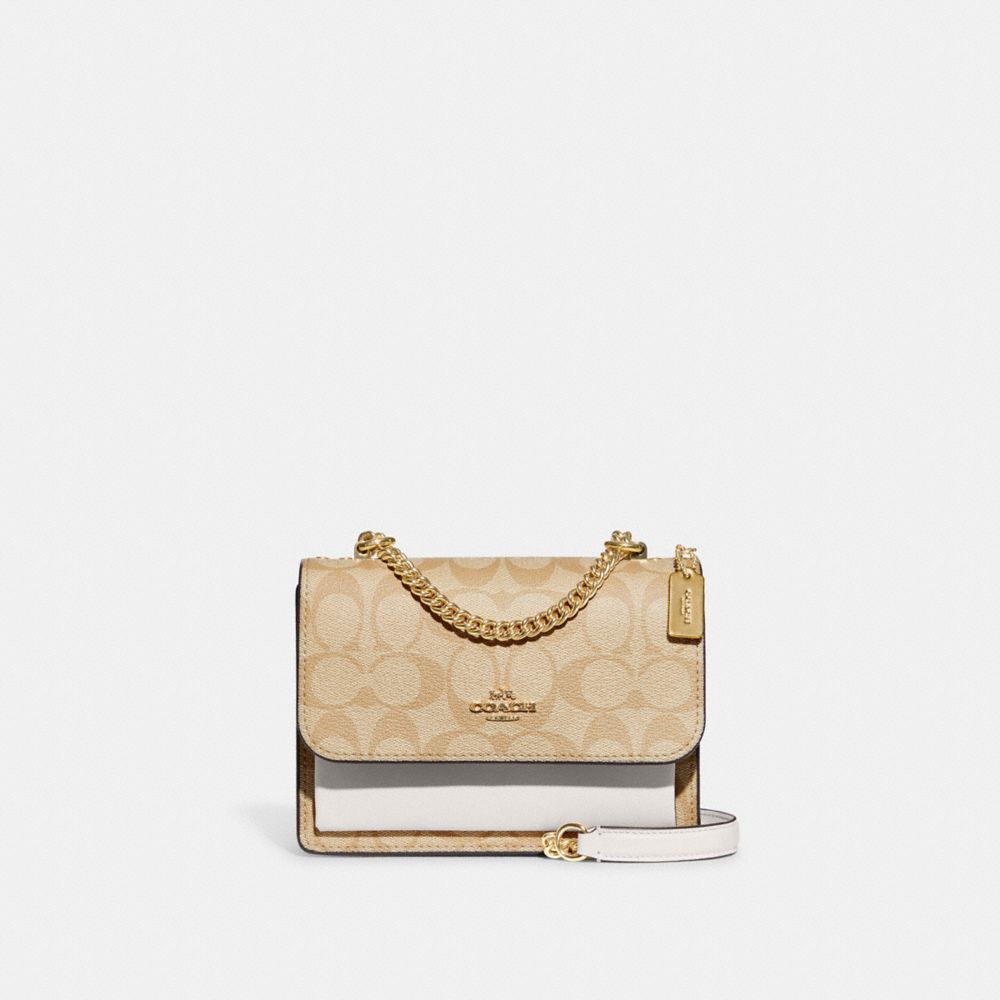 COACH®,MINI KLARE CROSSBODY IN SIGNATURE CANVAS,Signature Canvas,Mini,Anniversary,Gold/Light Khaki Chalk,Front View