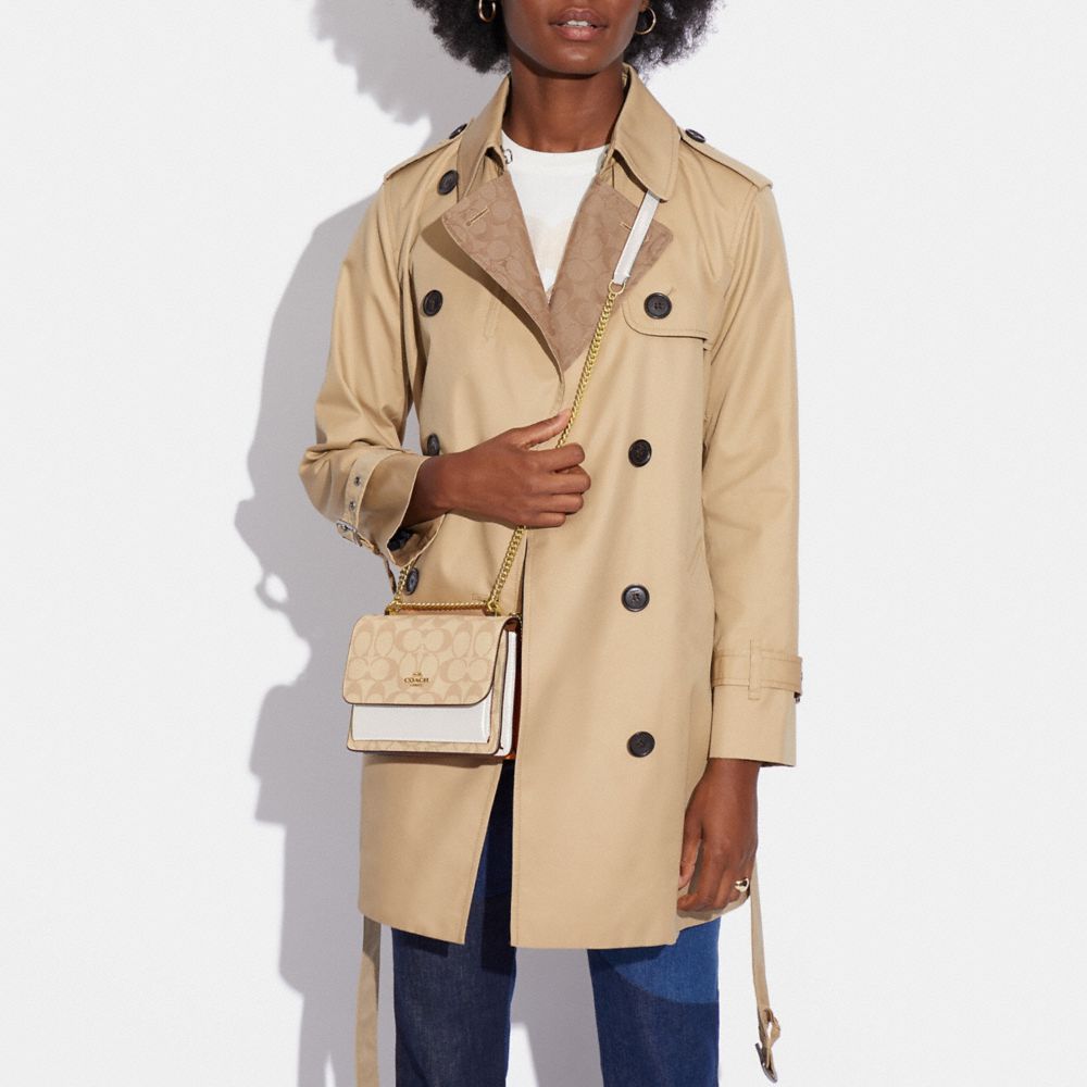 COACH®,Mini Klare Crossbody In Signature Canvas,Leather,Canvas,Crossbody,PVC,Color Block,Logo,Gusset,Gold Metal,Day Party,Beige,Detail View