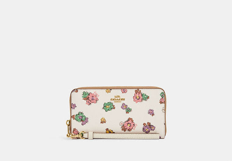 COACH®,LONG ZIP AROUND WALLET WITH SPACED FLORAL FIELD PRINT,Mini,Gold/Chalk Multi,Front View