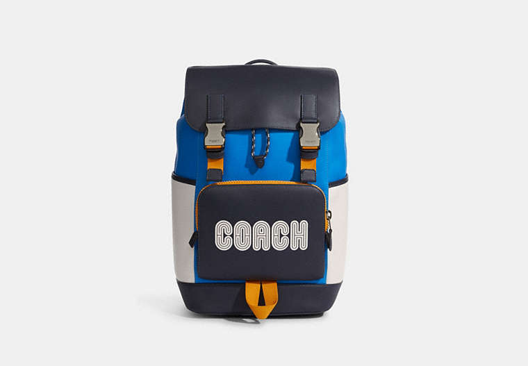 COACH®,TRACK BACKPACK IN COLORBLOCK WITH COACH,X-Large,Gunmetal/Bright Blue/Chalk Multi,Front View