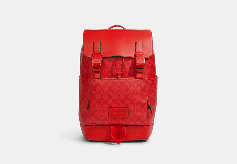 COACH®,TRACK BACKPACK IN SIGNATURE CANVAS,Gunmetal/Miami Red,Front View