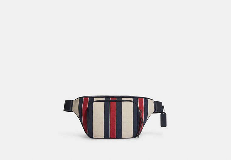COACH®,THOMPSON BELT BAG IN SIGNATURE JACQUARD WITH STRIPES,Medium,Gunmetal/Midnight/Red Multi,Front View