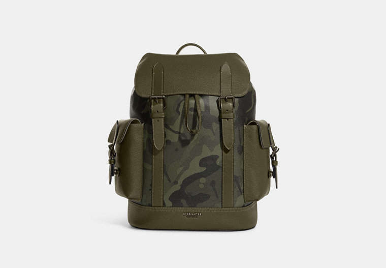 COACH®,HUDSON BACKPACK WITH CAMO PRINT,X-Large,Gunmetal/Dark Olive,Front View