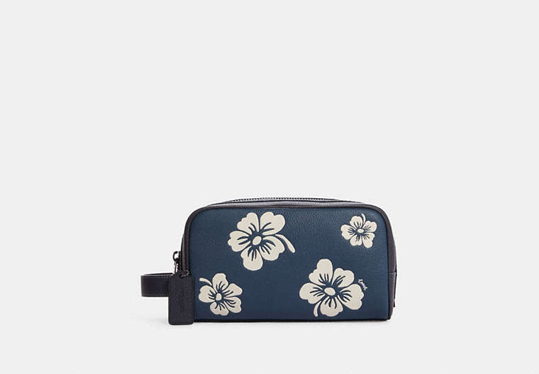 COACH®,SMALL TRAVEL KIT WITH ALOHA FLORAL PRINT,Small,Gunmetal/Denim/Cream,Front View