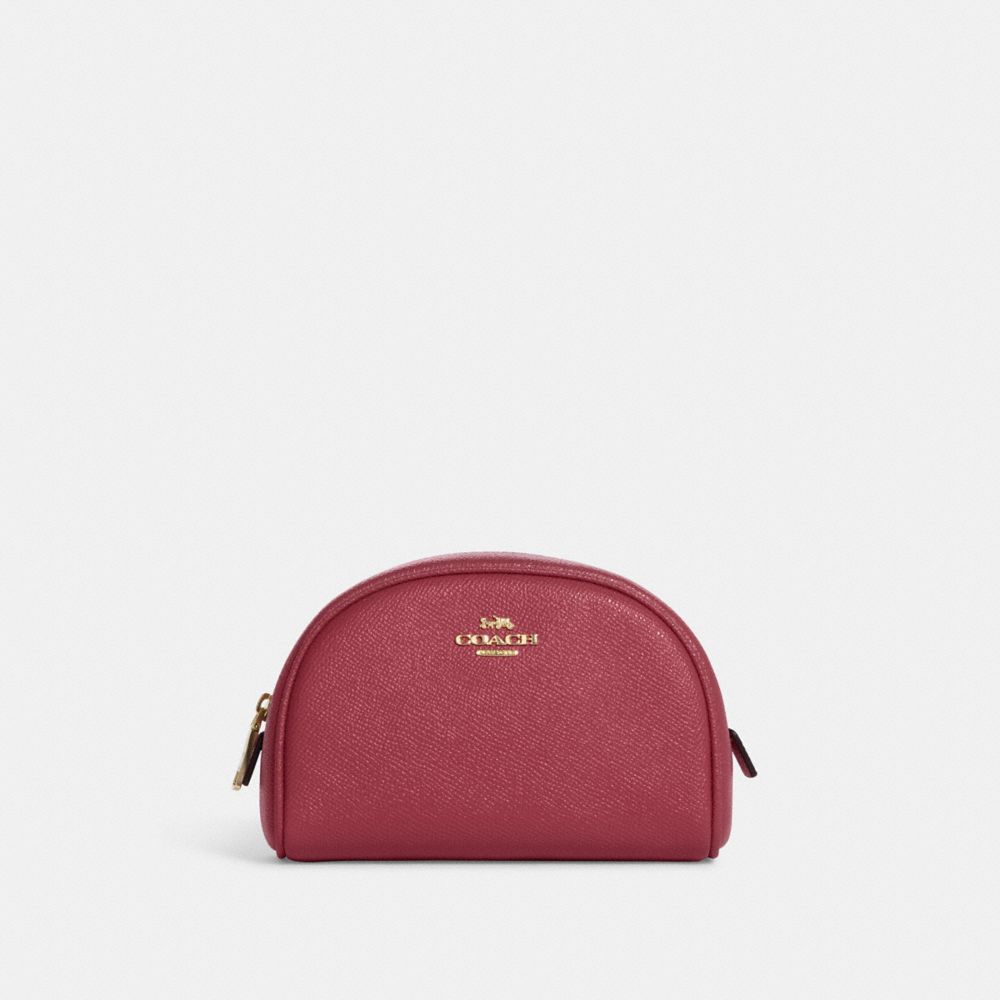 COACH®,TROUSSE À MAQUILLAGE BOMBÉE,Cuir à grain croisé,Or/Rouge,Front View