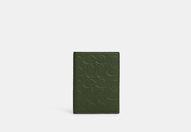 COACH®,PASSPORT CASE IN SIGNATURE LEATHER,Coated Canvas/Leather,Small,Gunmetal/Dark Shamrock,Front View