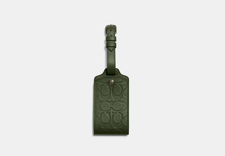 COACH®,LUGGAGE TAG IN SIGNATURE LEATHER,Coated Canvas/Leather,Gunmetal/Dark Shamrock,Front View