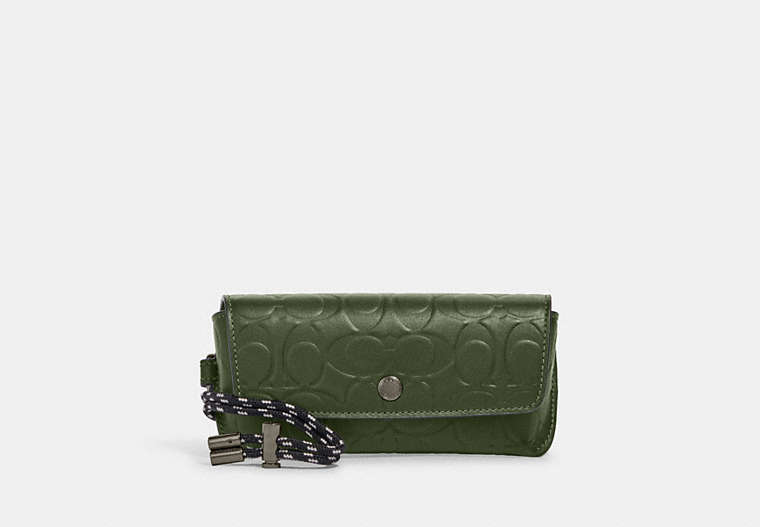 COACH®,SUNGLASS CASE IN SIGNATURE LEATHER,Coated Canvas/Leather,Mini,Gunmetal/Dark Shamrock,Front View