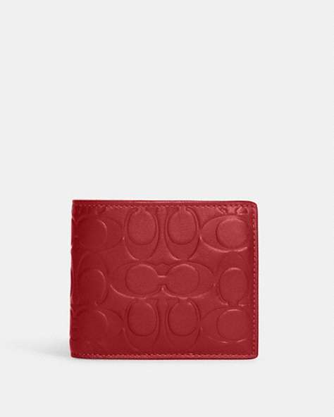 COACH®,3-IN-1 WALLET IN SIGNATURE LEATHER,Coated Canvas/Leather,Gunmetal/1941 Red,Front View