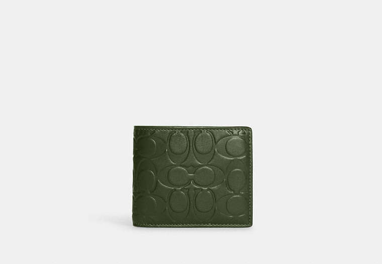 COACH®,3-IN-1 WALLET IN SIGNATURE LEATHER,Coated Canvas/Leather,Mini,Gunmetal/Dark Shamrock,Front View