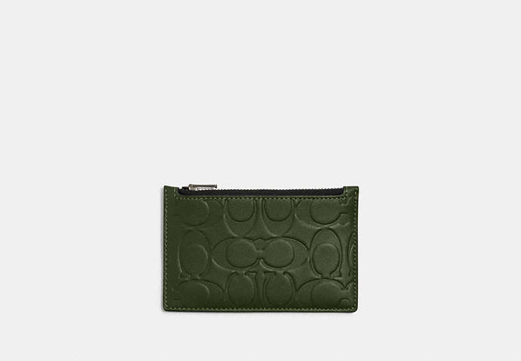 COACH®,ZIP CARD CASE IN SIGNATURE LEATHER,Coated Canvas/Leather,Gunmetal/Dark Shamrock,Front View