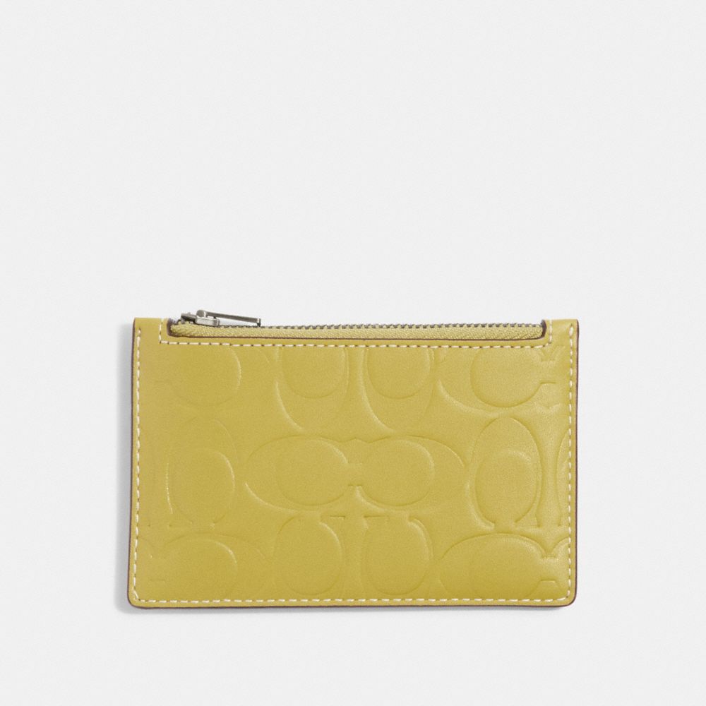COACH®,ZIP CARD CASE IN SIGNATURE LEATHER,Smooth Leather,Black Antique Nickel/Chartreuse,Front View
