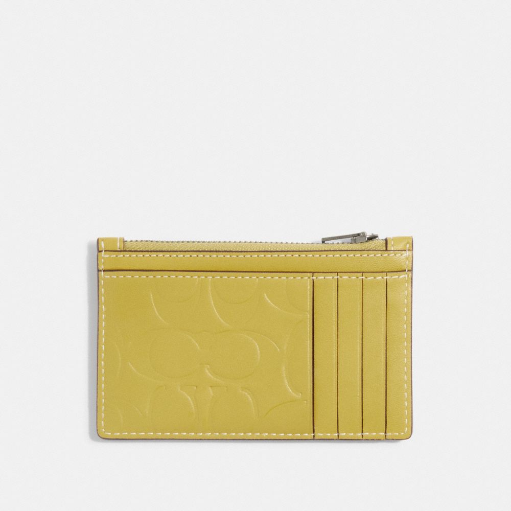COACH®,ZIP CARD CASE IN SIGNATURE LEATHER,Smooth Leather,Black Antique Nickel/Chartreuse,Back View