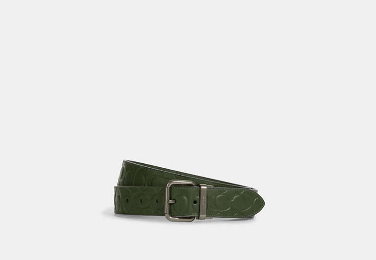 COACH®,ROLLER BUCKLE CUT-TO-SIZE REVERSIBLE BELT, 38MM,Coated Canvas/Leather,Gunmetal/Dark Shamrock,Front View
