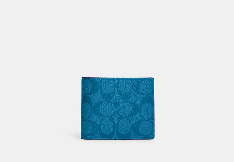COACH®,3-IN-1 WALLET IN BLOCKED SIGNATURE CANVAS,Mini,Gunmetal/Bright Blue Multi,Front View