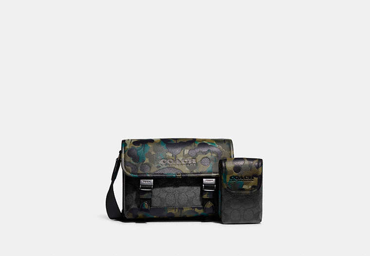 COACH®,LEAGUE HYBRID CROSSBODY IN SIGNATURE CANVAS WITH CAMO PRINT,Signature Coated Canvas,Small,Charcoal Multi,Front View