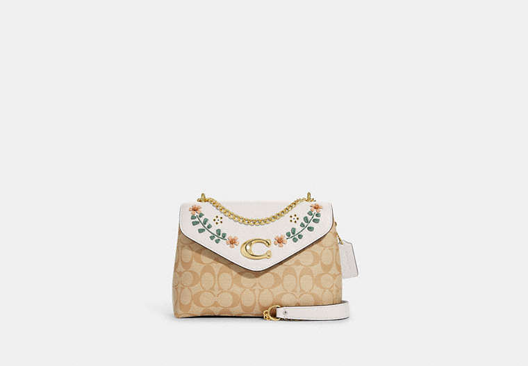 COACH®,TAMMIE SHOULDER BAG IN SIGNATURE CANVAS WITH FLORAL WHIPSTITCH,Gold/Light Khaki Chalk Multi,Front View