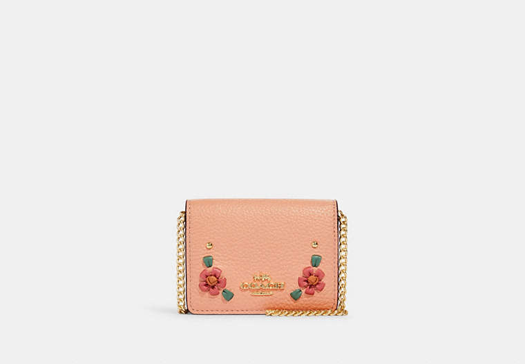 COACH®,MINI WALLET ON A CHAIN WITH FLORAL WHIPSTITCH,Leather,Mini,Gold/Faded Blush Multi,Front View
