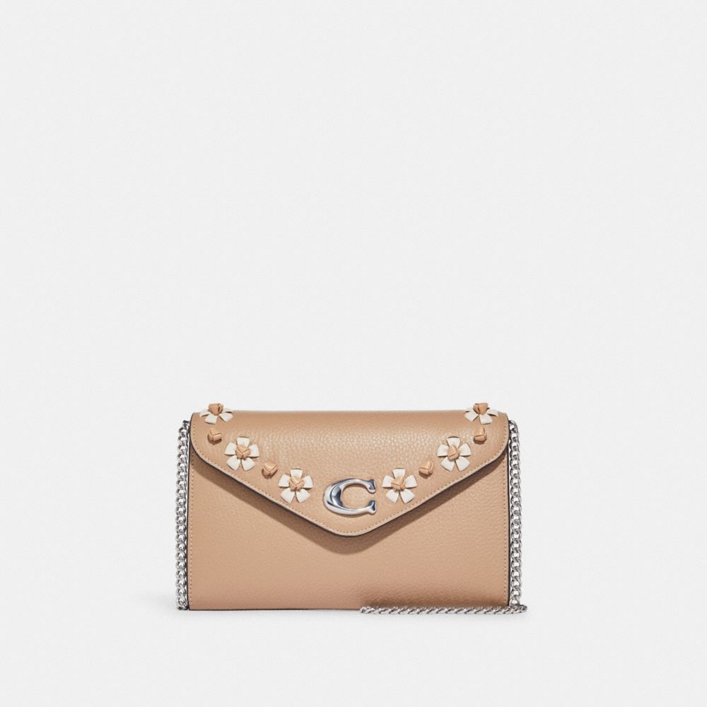 COACH®,TAMMIE CLUTCH CROSSBODY WITH FLORAL WHIPSTITCH,Leather,Mini,Silver/Taupe Multi,Front View