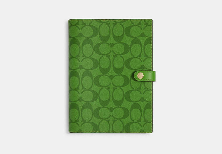 COACH®,NOTEBOOK IN COLORBLOCK SIGNATURE CANVAS,Neon Green,Front View