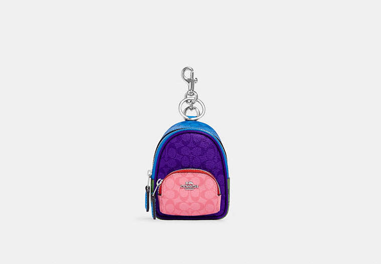 COACH®,MINI COURT BACKPACK BAG CHARM IN COLORBLOCK SIGNATURE CANVAS,Silver/Sport Purple Multi,Front View