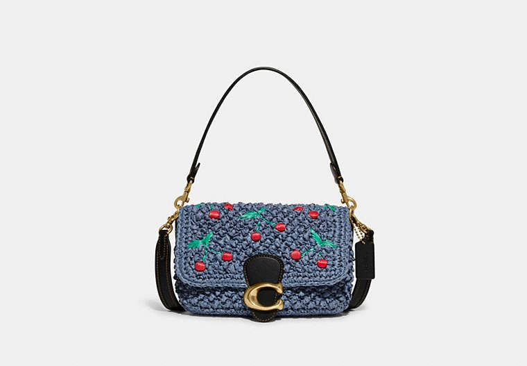 COACH®,SOFT TABBY SHOULDER BAG WITH CHERRY EMBROIDERY,Medium,Brass/Washed Chambray Black,Front View