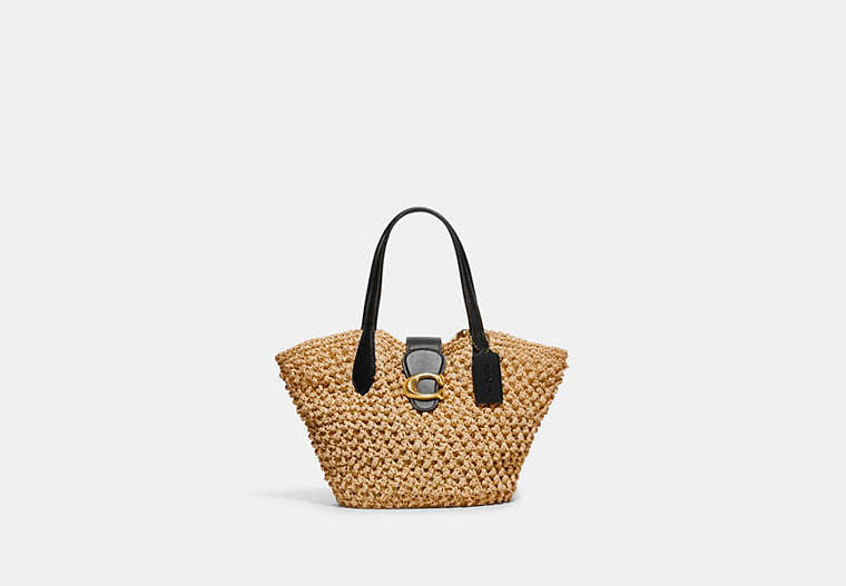 COACH®,SMALL TOTE,Straw/Smooth Leather,Medium,Brass/Natural/Black,Front View
